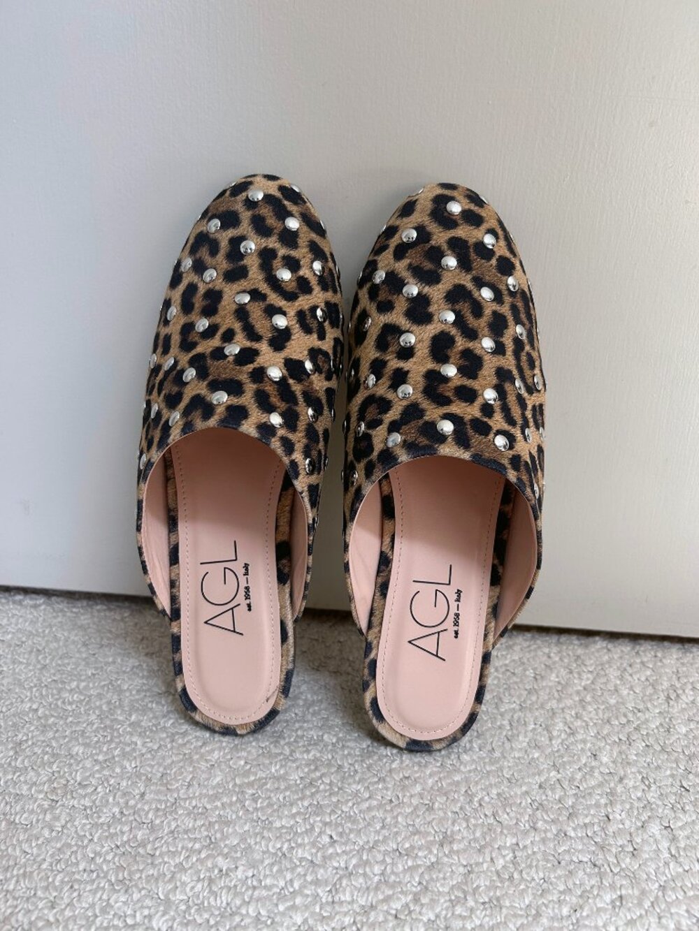 AGL Milly Mule in Leopard Print with Silver Studs Size 38 - Worn Once MSRP $465